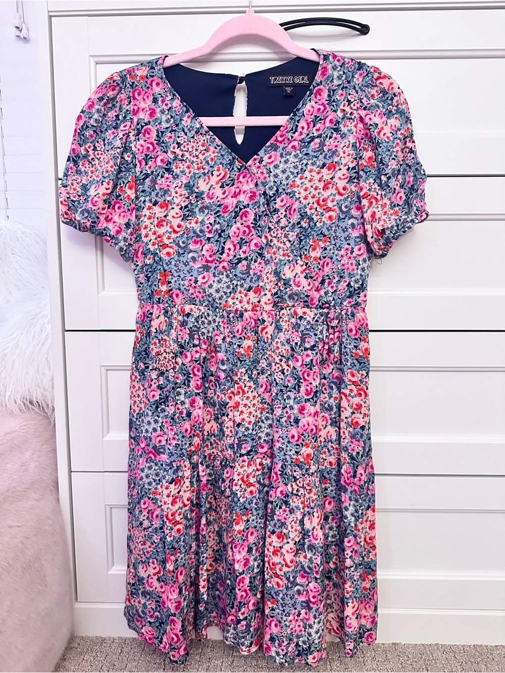 Trixxi Girl Pink & Blue Floral Puff Sleeve Modest Mini Dress